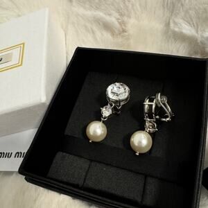 Miu Miu Crystal and Pearl Drop Clip on Earrings